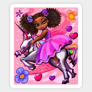 Curly hair Princess on a unicorn pony 3 - black girl with curly afro hair on a horse. Black princess Sticker